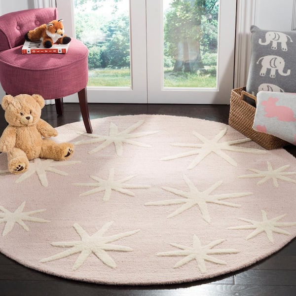Kids Pink/Ivory 5 ft. x 5 ft. Round Stars Geometric Area Rug