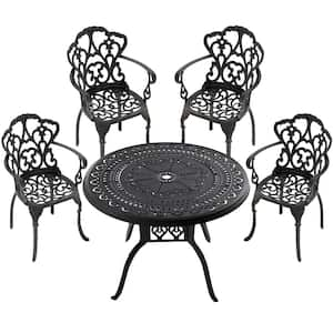 5-Piece Black Cast Aluminum Outdoor Dining Set, Patio Furniture with 39.37 in. Round Table and Random Color Cushions