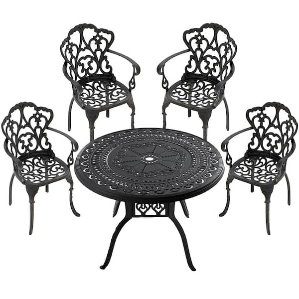 ToolCat 5-Piece Black Cast Aluminum Outdoor Dining Set, Patio Furniture with 39.37 in. Round Table and Random Color Cushions