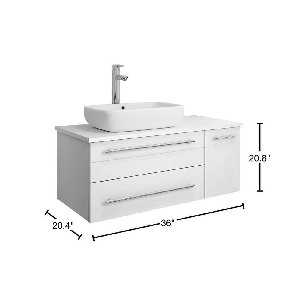 Lucera 36" White Quartz Stone Wall-Mount Vanity with Vessel Sink
