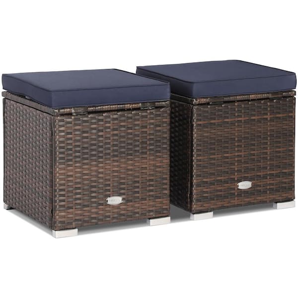 Costway 2-Piece Wicker Outdoor Ottomans Storage Box Footstool with Navy Cushions