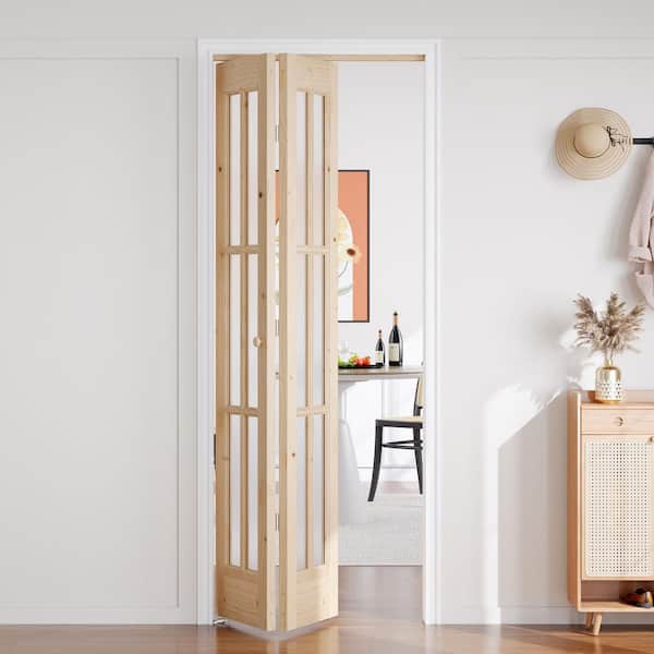 30 in. x 80 in. 6 Lite Pre Assembled Frosted Glass Brown Unfinished Solid Core Wood Bi-fold Door with Hardware