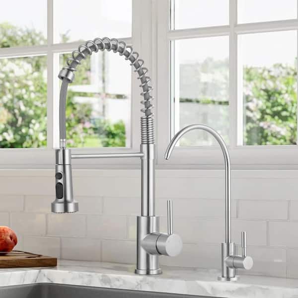 Single Handle Pull-Down Sprayer Kitchen Faucet, Kitchen Faucet with Direct Drinking Water Faucet in Brushed Nickel