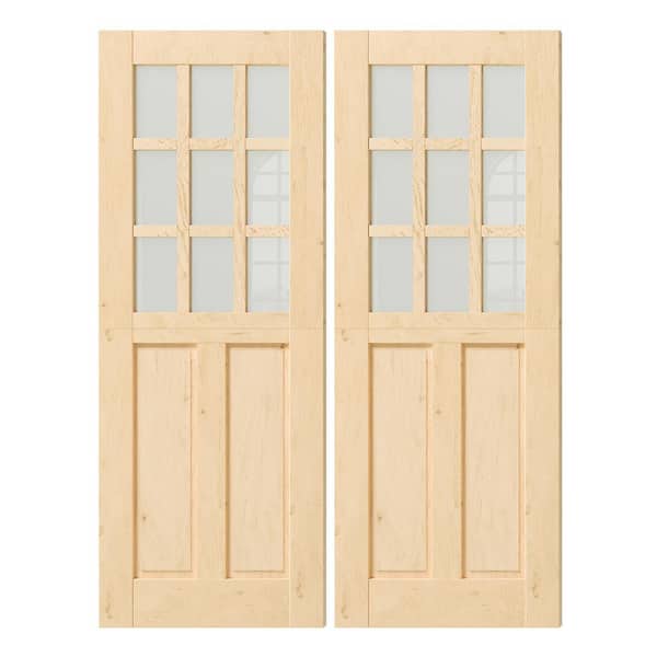 TENONER 60 in. x 80 in. (30 in. W x 2) 9 Lite Frosted Glass MDF Half Split Interior Dutch Door Slab with Natural Pine Wood Color