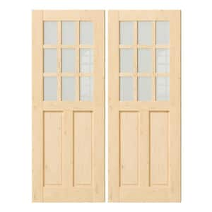 60 in. x 80 in. (30 in. W x 2) 9 Lite Frosted Glass MDF Half Split Interior Dutch Door Slab with Natural Pine Wood Color