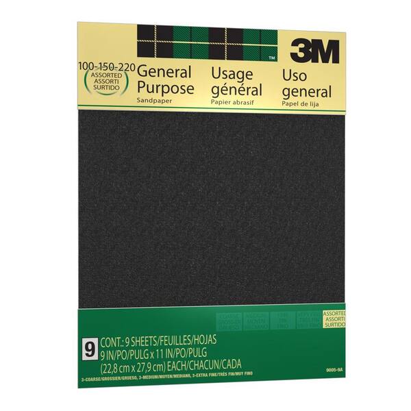 3M 9 in. x 11 in. 100, 150 and 220-Grit Medium, Fine and Very Fine Aluminum Oxide Sandpaper 9 Sheets-Pack (Case of 10)