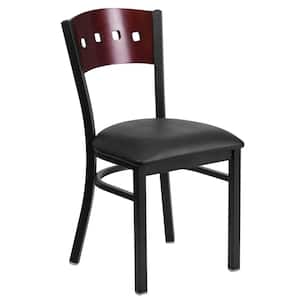 Mahogany Wood Back/Black Vinyl Seat/Black Metal Frame Vinyl Dining Chair