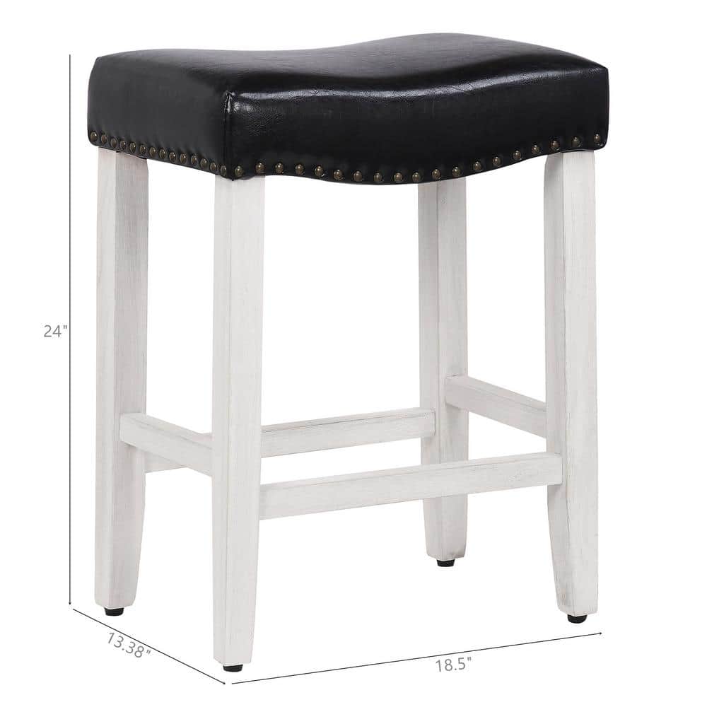 Antique White & Black Wood Leather 24" Saddle Bar Stool