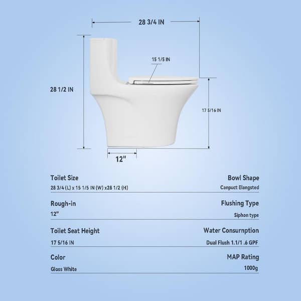 YSQCAR 1-Piece 1.1/1.60 GPF Powerful Flush Elongated Toilet in