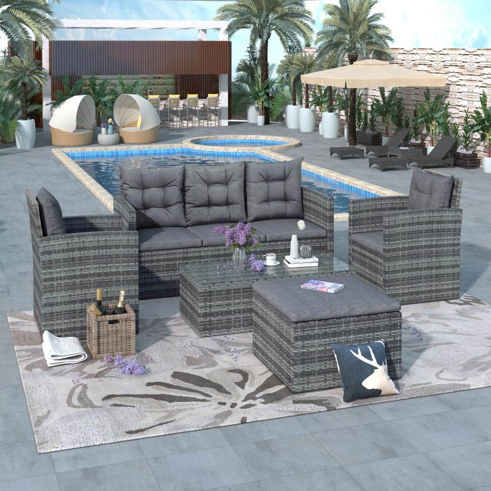 5-Piece Gray Wicker Patio Conversation Set with Glass Table, Storage Bench 