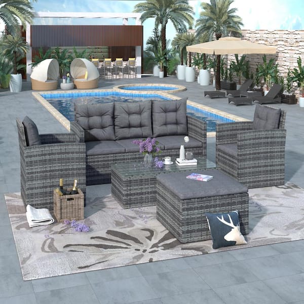Unbranded 5-Piece Gray Wicker Patio Conversation Set with Glass Table, Storage Bench and Gray Cushions