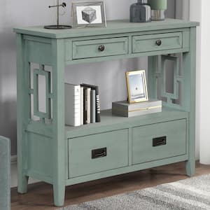 Retro Style Green Solid Wood 36 in. Sideboard Console Table Sofa Table, Entryway Table with 4-Drawers and Storage Shelf