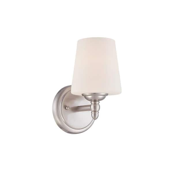 Designers Fountain Darcy 5.25 in. 1-Light Brushed Nickel Transitional Wall Sconce with White Opal Glass Shade