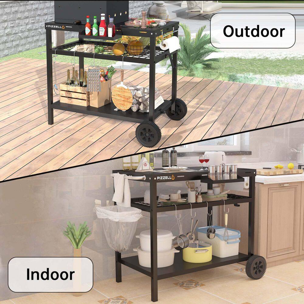 Black Steel Three-Shelf Outdoor Grill Cart with Wheels