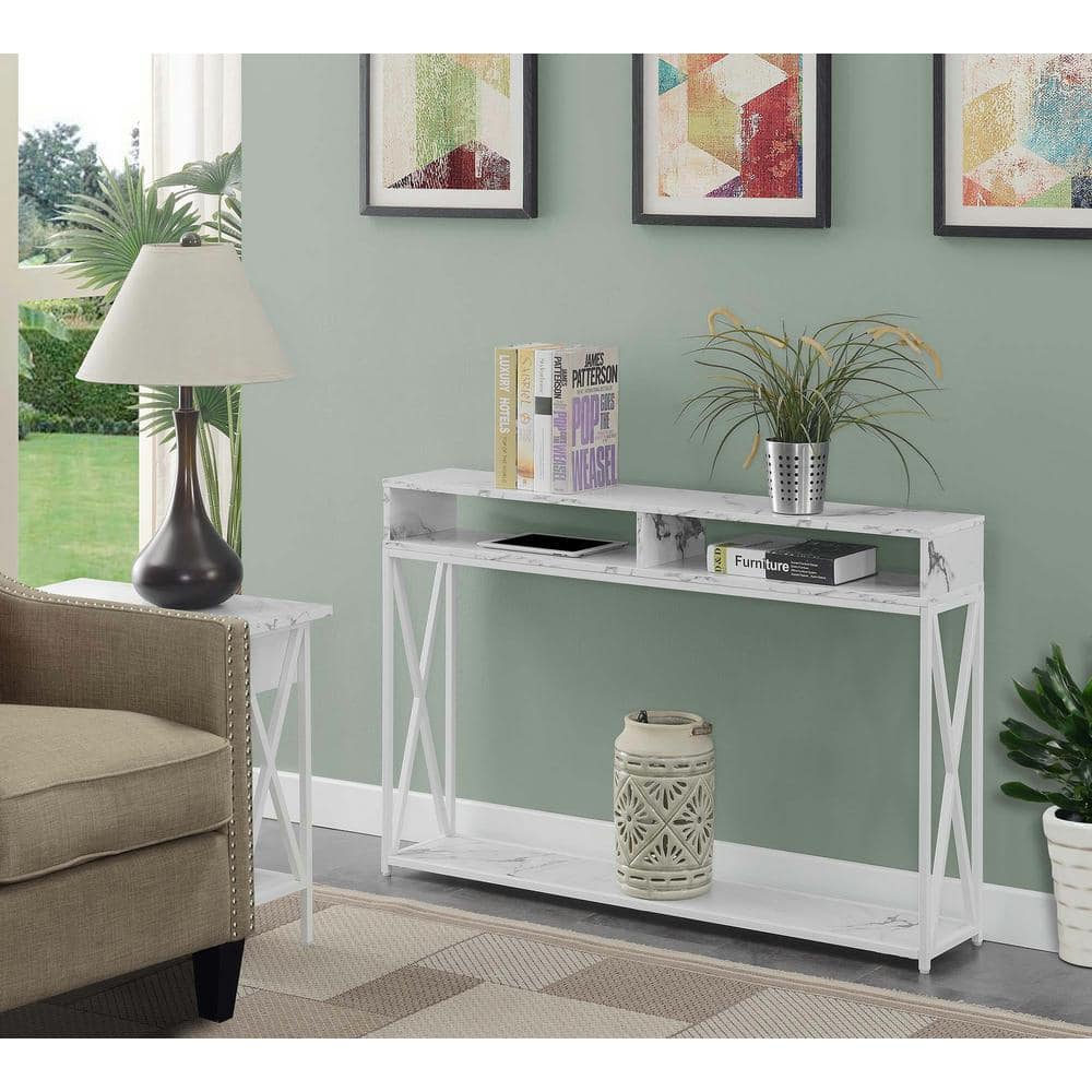 Tucson Deluxe White Faux Marble Console Table with Storage Shelf