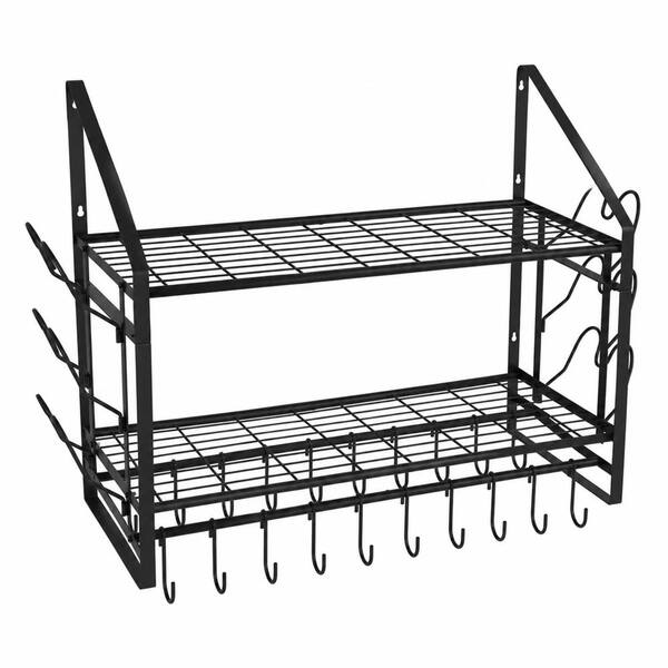 28.5 in Wall Mounted 2 Tier Pot Rack with 20 Hooks 6 Lid Holders Heavy Duty Steel Pots and Pans Organizer