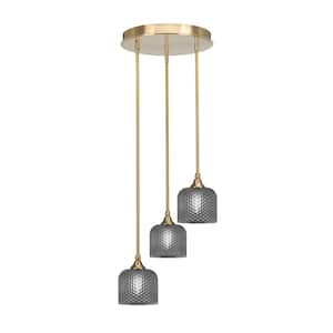 Villa 15 in. 3-Light New Age Brass Cluster Pendant Light with 6 in. Smoke Textured Glass Shades, no bulbs included