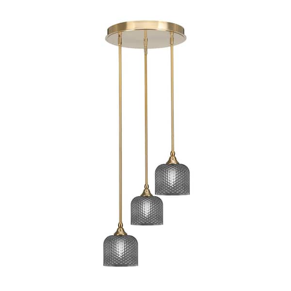 Unbranded Villa 15 in. 3-Light New Age Brass Cluster Pendant Light with 6 in. Smoke Textured Glass Shades, no bulbs included
