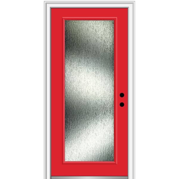 MMI DOOR Rain Glass 32 in. x 80 in. Left-Hand Inswing Full Lite Painted Red Saffron Prehung Front Door on 4-9/16 in. Frame