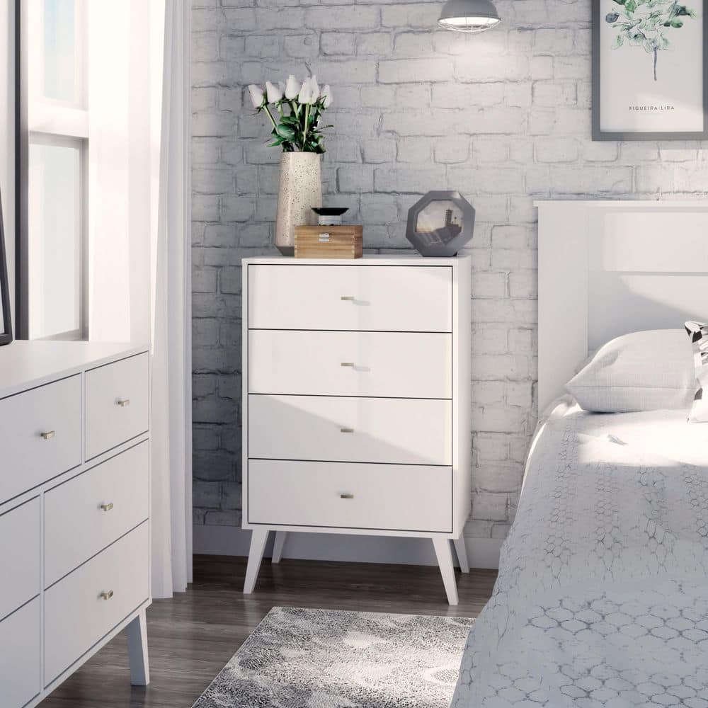 White Mid-Century Modern 4-Drawer Vertical Chest