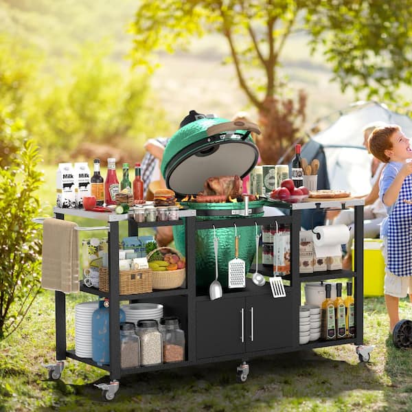 65 in. W Outdoor Stainless Steel Grill Cart Table Stand for Big Green Egg with Storage Cabinet and Wheels