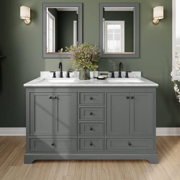 Wyndham Collection Deborah 60 in. W x 22 in. D x 35 in. H Double Bath Vanity in Dark Gray with White Carrara Marble Top and 24 in. Mirrors
