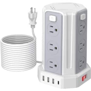 12-Outlet Power Tower Strip Surge Protector with 4 USB Ports Extension Cord in White