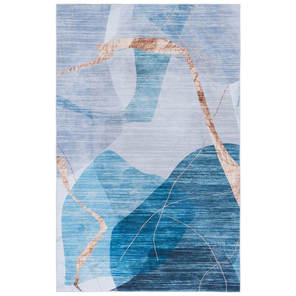 6' x 9' Blue Abstract Washable Wool Synthetic Area Rug
