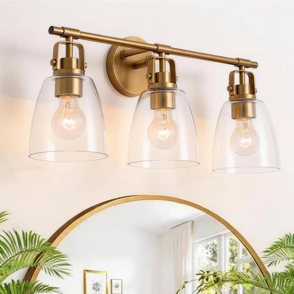 Brilliance 24 in. 3-Light Gold Bathroom Vanity Light Cone Glass Shade Wall Sconces