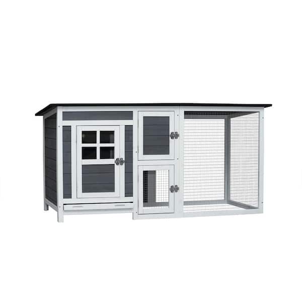 63 in. L Extra-Small Fir Wood Pet Enclosure Chicken Hutch Coop with Ramprunning Cage, Gray
