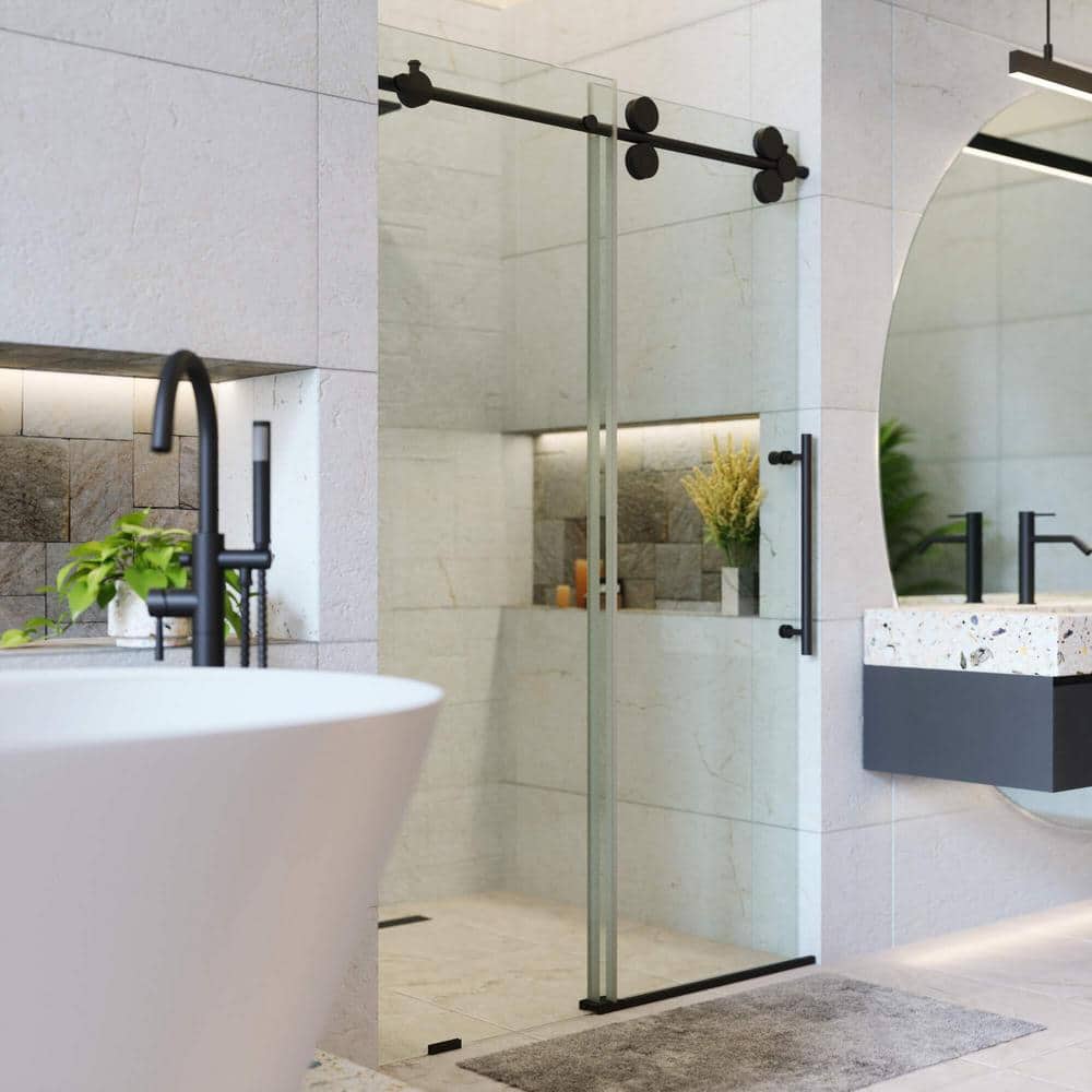 48'' Black Frameless Sliding Shower Door with Tempered Glass