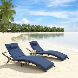 3-Piece Wicker Outdoor Adjustable Chaise Lounge with Cushion Navy