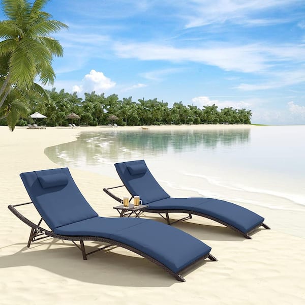 Halmuz 3-Piece Wicker Outdoor Adjustable Chaise Lounge with Cushion Navy