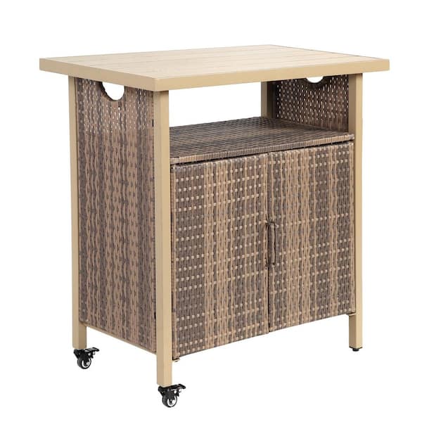 Unbranded Brown Wicker Outdoor Bar Cart with Rolling Wheels Patio Bar Table Outdoor Storage Cabinet Buffet Cabinet Grill Cart
