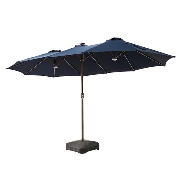 15 ft. x 9 ft. Metal Solar LED Lights Double-sided Market Patio Umbrella with Base and Crank in Dark Blue