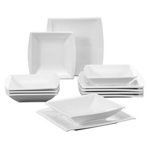 12-Piece White Porcelain Dinnerware Set Square Dinner Plates Soup Plates(Service for 6)