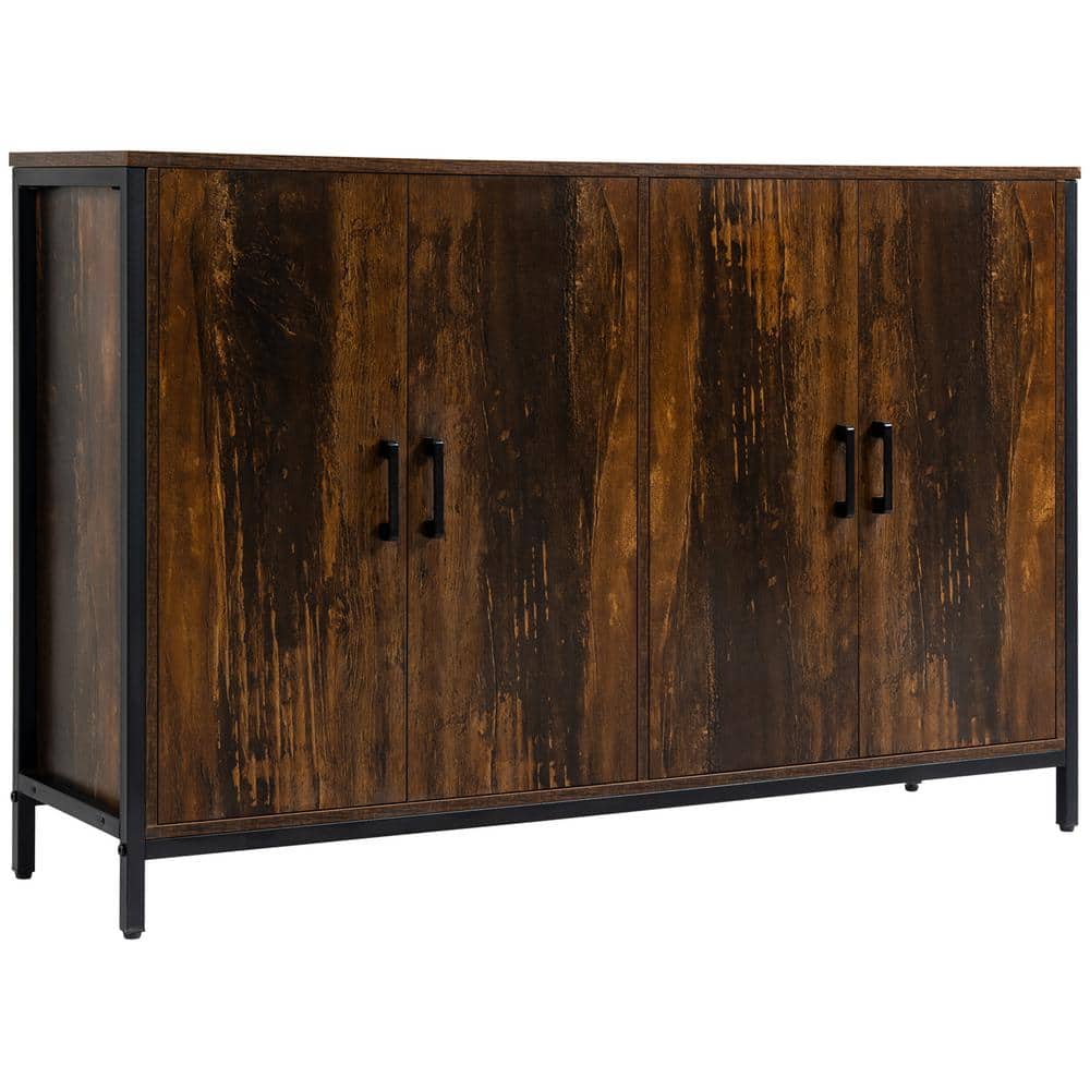 Rustic Brown Steel Frame Buffet Sideboard with Adjustable Shelves