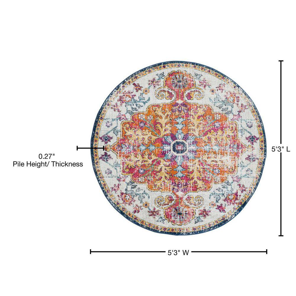 Livabliss 5'3" Round Multicolor Synthetic Medallion Area Rug
