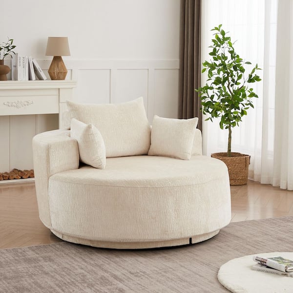 Renshaw Modern Beige Chenille Upholstered Accent Arm Chair with Pillows, 360° Swivel Chair Single Sofa