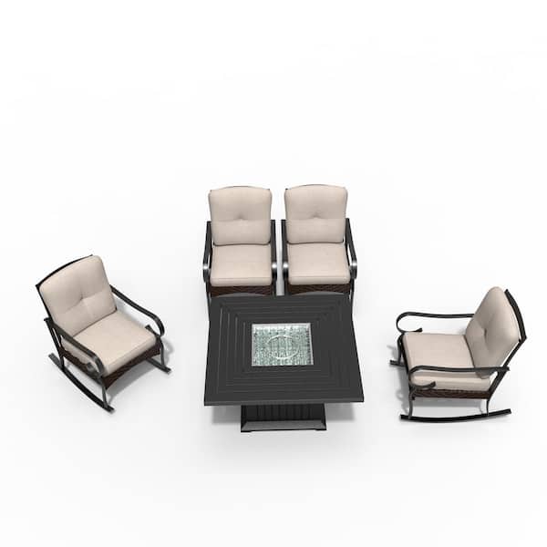 DIRECT WICKER Patton Black 5-Piece Patio Conversation Set with Fire Pit Table and Wicker Chairs with Beige Cushions