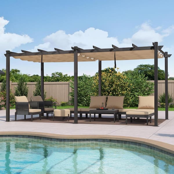 PURPLE LEAF 12 ft. x 18 ft. Gray Aluminum Frame Outdoor Patio Pergola Gazebo with Beige Retractable Sun Shade Canopy for Porch