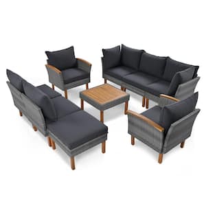 9-Piece Wicker Outdoor Sectional Set, Conversation Set with Acacia Wood Legs, Coffee Table, Gray Cushions for Balcony