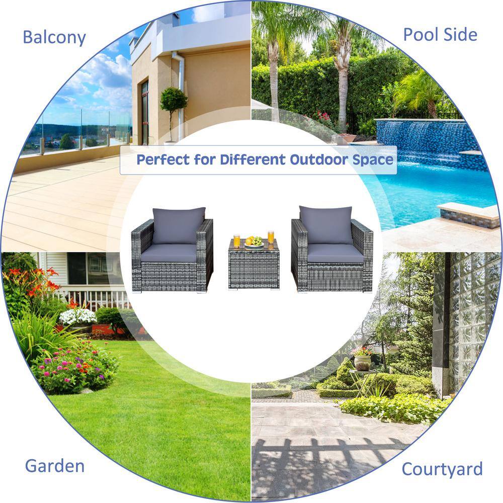 Gray Wicker 3-Piece Outdoor Patio Set with Cushions
