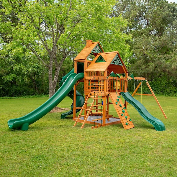 Gorilla Playsets Great Skye II Wooden Outdoor Playset with 3 Slides, Rock Wall, Sandbox, Picnic Table, and Backyard Swing Set Accessories