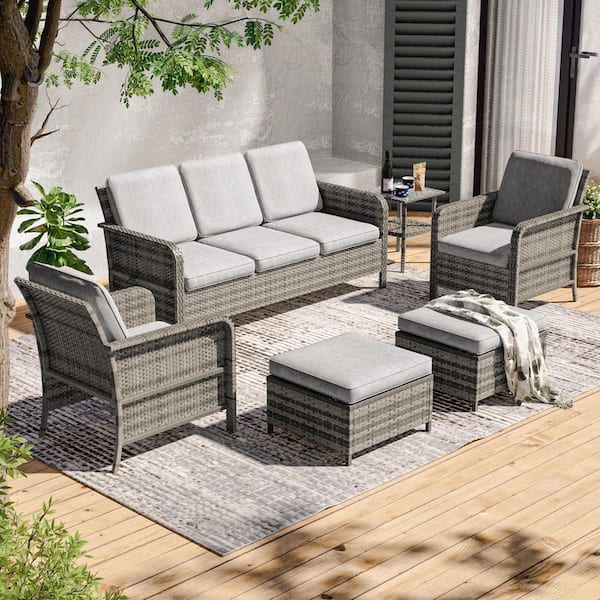 JOYESERY 6-Piece Patio Outdoor Conversation Set with Thickening Ottomans Side Table, Linen Grey Cushion