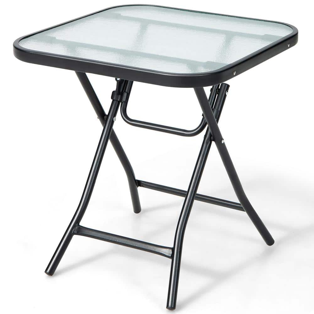 Costway Black Square Metal Folding Glass Side Table Outdoor