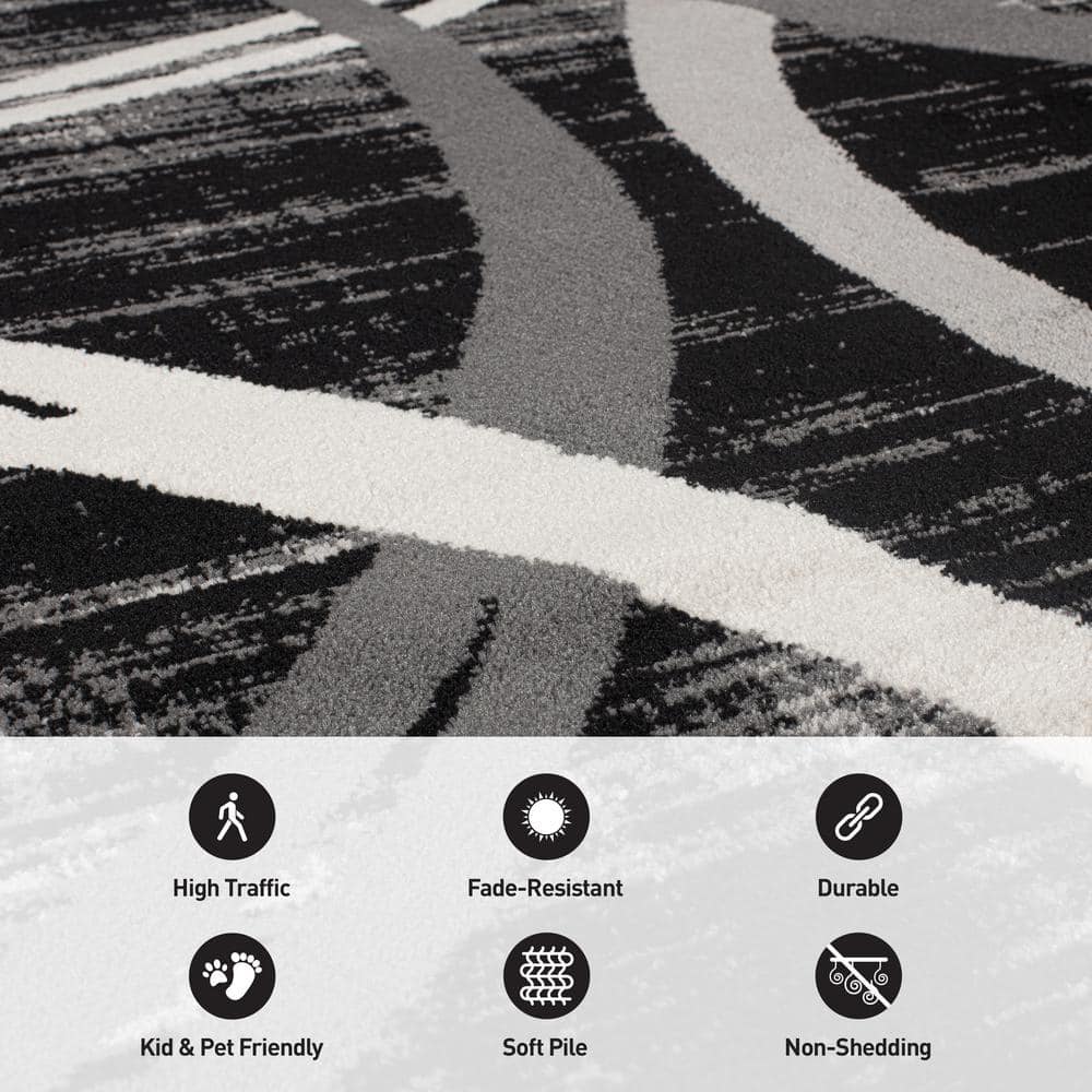 Contemporary Black Abstract 65'' Easy-Care Synthetic Area Rug