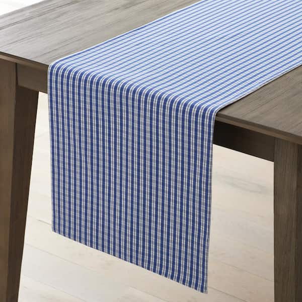 The Company Store Gingham and Stripe Yarn-Dyed Reversible 16 in. x 108 in. Blue Striped Cotton Table Runner