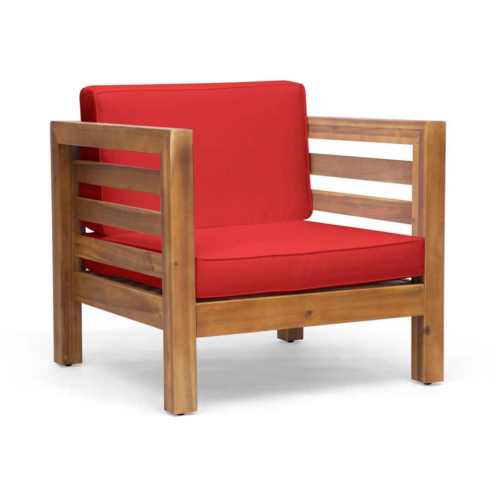 1-Piece Acacia Wood Outdoor Chair with Red Water-Resistant Cushions, Mid-Ce
