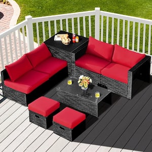 8-Piece Wicker Patio Conversation Set Storage Table Ottoman with Red Cushions